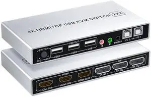 Vszerda Dual Monitor KVM Switch 2 In 2 Out, Hybrid DP+HDMI Input & Output 4K@60Hz KVM Switcher for 2 Computers Share Two Monitors Vszerda Dual Monitor KVM Switch 2 In 2 Out, Hybrid DP+HDMI Input & Output 4K@60Hz KVM Switcher for 2 Computers Share Two Monitors