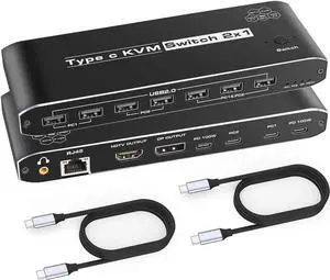 Vszerda 2 Port USB-C KVM Switch with HDMI & DP Output, Thunderbolt Type-C KVM Hub 7 USB-A, 100W PD, RJ45 Ethernet & 3.5mm Audio Jack, 4K@60Hz for Laptops Vszerda 2 Port USB-C KVM Switch with HDMI & DP Output, Thunderbolt Type-C KVM Hub 7 USB-A, 100W PD, RJ45 Ethernet & 3.5mm Audio Jack, 4K@60Hz for Laptops