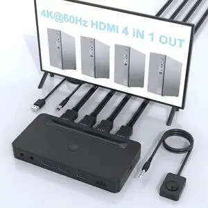 Vszerda 4 Port 4K HDMI KVM Switch for 4 Computers Share 1 Monitor, 3 USB Ports & Dual 3.5mm Audio Jacks, 4 HDMI Cables & Remote Control Included Vszerda 4 Port 4K HDMI KVM Switch for 4 Computers Share 1 Monitor, 3 USB Ports & Dual 3.5mm Audio Jacks, 4 HDMI Cables & Remote Control Included