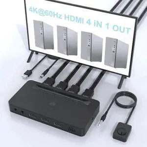 Vszerda 4 Port HDMI KVM Switch 4K@60Hz, 4 PCs Share 1 Monitor & 3 USB Devices, Dual 3.5mm Audio Jacks, 4 HDMI Cables & Remote Controller Included Vszerda 4 Port HDMI KVM Switch 4K@60Hz, 4 PCs Share 1 Monitor & 3 USB Devices, Dual 3.5mm Audio Jacks, 4 HDMI Cables & Remote Controller Included