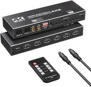 Vszerda 4x2 HDMI 2.0b Matrix Switch 4K@60Hz 18.5Gbps, 4-In-2-Out Video Splitter with Optical L/R Audio, IR Remote, HDCP 2.2 & 3D Support Vszerda 4x2 HDMI 2.0b Matrix Switch 4K@60Hz 18.5Gbps, 4-In-2-Out Video Splitter with Optical L/R Audio, IR Remote, HDCP 2.2 & 3D Support