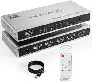 Vszerda 5 in 1 Out 8K HDMI Switch Splitter with IR Remote, 48Gbps HDMI 2.1 Port Expander Supports 8K@60Hz, 4K@120Hz, 3D, CEC, HDR, HDCP 2.3 Vszerda 5 in 1 Out 8K HDMI Switch Splitter with IR Remote, 48Gbps HDMI 2.1 Port Expander Supports 8K@60Hz, 4K@120Hz, 3D, CEC, HDR, HDCP 2.3