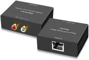 Vszerda Stereo Hi-Fi Analog Audio Balun Extender, RCA to RCA Stereo Audio Transmitter Receiver Kit, Transmit Audio Signal Over Cat5e Cat6 Ethernet Cable Vszerda Stereo Hi-Fi Analog Audio Balun Extender, RCA to RCA Stereo Audio Transmitter Receiver Kit, Transmit Audio Signal Over Cat5e Cat6 Ethernet Cable