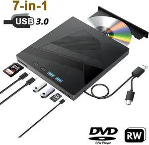 Vszerda 7-in-1 External CD DVD Drive, USB3.0 & Type-C Portable +/-RW Burner Reader Rewriter, External Optical Disk Drive Compatible with Laptop, PC, Windows XP/7/8/10, Linux, MacOS Vszerda 7-in-1 External CD DVD Drive, USB3.0 & Type-C Portable +/-RW Burner Reader Rewriter, External Optical Disk Drive Compatible with Laptop, PC, Windows XP/7/8/10, Linux, MacOS
