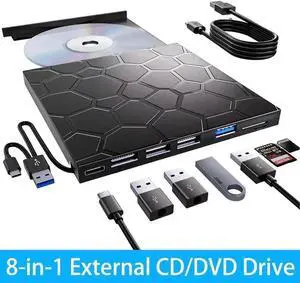 Vszerda 8-in-1 External CD DVD RW Drive, Portable USB3.0 & Type-C DVD Burner with 4 USB-A Ports, SD/TF Card Reader, Compatible with Laptop PC Windows 7/8/10/11, Linux & MacOS Vszerda 8-in-1 External CD DVD RW Drive, Portable USB3.0 & Type-C DVD Burner with 4 USB-A Ports, SD/TF Card Reader, Compatible with Laptop PC Windows 7/8/10/11, Linux & MacOS