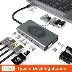 Vszerda 14 in 1 USB C Hub Multiport Adapter Dongle, USB C to Dual HDMI VGA Gigabit Ethernet 100W PD, 5 USB3.0, SD TF Card Reader, Wireless Charger & 3.5mm Audio Jack for All Type-C Laptops Vszerda 14 in 1 USB C Hub Multiport Adapter Dongle, USB C to Dual HDMI VGA Gigabit Ethernet 100W PD, 5 USB3.0, SD TF Card Reader, Wireless Charger & 3.5mm Audio Jack for All Type-C Laptops