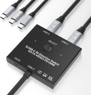 Vszerda Bi-Directional 2-Port USB-C KVM Switch 2 In 1 Out / 1 In 2 Out, Support 8K@60Hz, 4K@120Hz, 10Gbps Data & 100W PD Charging, Includes 2 USB-C Cables Vszerda Bi-Directional 2-Port USB-C KVM Switch 2 In 1 Out / 1 In 2 Out, Support 8K@60Hz, 4K@120Hz, 10Gbps Data & 100W PD Charging, Includes 2 USB-C Cables