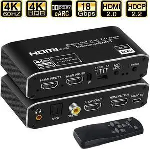 Vszerda 2 in 1 Out HDMI 2.0b Switch with Audio Extractor, 4K@60Hz HDR 2x1 HDMI Switcher Splitter with Optical SPDIF, Coaxial & 3.5mm Audio Output, HDCP 2.3 IR Remote Control Vszerda 2 in 1 Out HDMI 2.0b Switch with Audio Extractor, 4K@60Hz HDR 2x1 HDMI Switcher Splitter with Optical SPDIF, Coaxial & 3.5mm Audio Output, HDCP 2.3 IR Remote Control