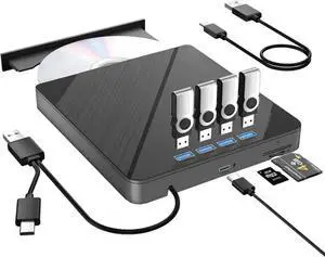 Vszerda 7 in 1 USB 3.0 Portable External CD DVD RW Burner Optical Drive with 4 USB Ports SD TF Card Reader for Laptop Desktop Windows 11/10/8/7 Linux Mac OS Vszerda 7 in 1 USB 3.0 Portable External CD DVD RW Burner Optical Drive with 4 USB Ports SD TF Card Reader for Laptop Desktop Windows 11/10/8/7 Linux Mac OS