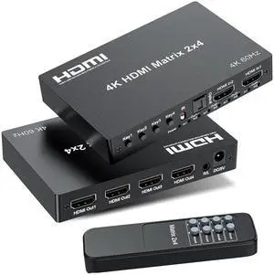 2x4 HDMI Matrix Switch 4K@60Hz HDR, HDMI 2.0 18Gbps 2 Input 4 Output Video Splitter with Optical SPDIF & 3.5mm Audio Extractor, HDCP 2.2 IR Remote, for PS5, Nintendo Switch, Fire Stick, Xbox, PC, Blu- 2x4 HDMI Matrix Switch 4K@60Hz HDR, HDMI 2.0 18Gbps 2 Input 4 Output Video Splitter with Optical SPDIF & 3.5mm Audio Extractor, HDCP 2.2 IR Remote, for PS5, Nintendo Switch, Fire Stick, Xbox, PC, Blu-