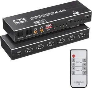4X2 HDMI 2.0 Matrix Switch with IR Remote, Model OZJ1-1, 4 In 2 Out 4K@60Hz Matrix Switcher with Audio Extractor, Dual SPDIF + Dual 3.5mm L/R Audio, Support EDID, HDCP2.2, HDR10 for 4K TV, Monitor, Ga 4X2 HDMI 2.0 Matrix Switch with IR Remote, Model OZJ1-1, 4 In 2 Out 4K@60Hz Matrix Switcher with Audio Extractor, Dual SPDIF + Dual 3.5mm L/R Audio, Support EDID, HDCP2.2, HDR10 for 4K TV, Monitor, Ga