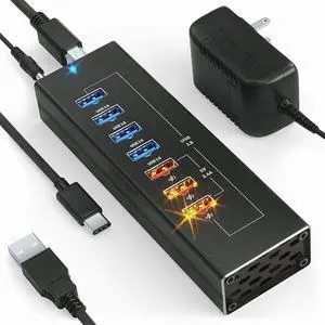 Vszerda Powered 10-Port USB 3.0 Hub, 7 Data USB 3.0 Ports + 3 Fast Charging USB 3.0 Ports, Equipped with USB-C & USB-A Cables, External Power Supply Multiport Splitter for PC & Laptops Vszerda Powered 10-Port USB 3.0 Hub, 7 Data USB 3.0 Ports + 3 Fast Charging USB 3.0 Ports, Equipped with USB-C & USB-A Cables, External Power Supply Multiport Splitter for PC & Laptops