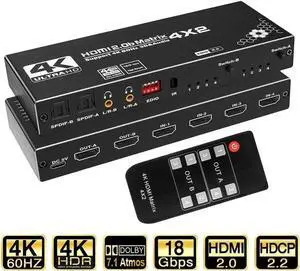Vszerda 4x2 HDMI Matrix Switch 4 in 2 Out with IR Remote Model OZJ1, Supports 4K, 1080P, 3D, RGB 8:8:8, Dolby Atmos, Dual SPDIF & Dual 3.5mm L/R Audio Outputs, Built-in EDID Management Vszerda 4x2 HDMI Matrix Switch 4 in 2 Out with IR Remote Model OZJ1, Supports 4K, 1080P, 3D, RGB 8:8:8, Dolby Atmos, Dual SPDIF & Dual 3.5mm L/R Audio Outputs, Built-in EDID Management