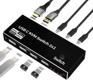Vszerda 2x1 USB-C KVM Switch, Support 8K@60Hz & 4K@120Hz, 2 Type-C Hosts Share 1 Monitor (HDMI/DP Dual Output), Built-in 4 USB 2.0 Ports, 2 USB-C Cables Included Vszerda 2x1 USB-C KVM Switch, Support 8K@60Hz & 4K@120Hz, 2 Type-C Hosts Share 1 Monitor (HDMI/DP Dual Output), Built-in 4 USB 2.0 Ports, 2 USB-C Cables Included