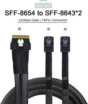 Vszerda PCIe 4.0 Ultraport Slimline SAS Breakout Cable, SFF-8654 8i 74Pin to Dual SFF-8643 4i Mini SAS HD Server Storage Cable, 100CM Vszerda PCIe 4.0 Ultraport Slimline SAS Breakout Cable, SFF-8654 8i 74Pin to Dual SFF-8643 4i Mini SAS HD Server Storage Cable, 100CM