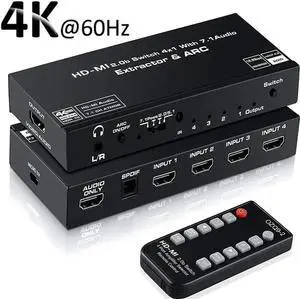 Vszerda 4 In 1 Out HDMI 2.0b Switch with Audio Extractor IR Remote, 4K@60Hz HDR Dolby Vision ARC Splitter, Optical SPDIF + 3.5mm AUX Audio Output HDCP2.2 18Gbps Vszerda 4 In 1 Out HDMI 2.0b Switch with Audio Extractor IR Remote, 4K@60Hz HDR Dolby Vision ARC Splitter, Optical SPDIF + 3.5mm AUX Audio Output HDCP2.2 18Gbps