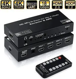 Vszerda 4 in 1 Out HDMI 2.0 Switch with Audio Extractor & ARC, 4K@60Hz HDMI Switcher Support Toslink SPDIF + 3.5mm AUX Output, HDCP2.2 Auto Switch IR Remote for 4K TV Home Theater Vszerda 4 in 1 Out HDMI 2.0 Switch with Audio Extractor & ARC, 4K@60Hz HDMI Switcher Support Toslink SPDIF + 3.5mm AUX Output, HDCP2.2 Auto Switch IR Remote for 4K TV Home Theater