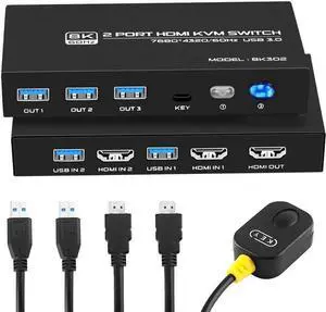 Vszerda 2-Port 2 in 1 Out 8K@60Hz HDMI 2.1 KVM Switch, 2 PCs Share One Monitor & 3 USB 3.0 Peripherals, Support HDR, 3D, HDCP2.2, 2 HDMI 2.1 Cables + 2 USB 3.0 Cables Included Vszerda 2-Port 2 in 1 Out 8K@60Hz HDMI 2.1 KVM Switch, 2 PCs Share One Monitor & 3 USB 3.0 Peripherals, Support HDR, 3D, HDCP2.2, 2 HDMI 2.1 Cables + 2 USB 3.0 Cables Included
