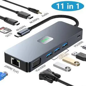 Vszerda 11-in-1 USB-C Docking Station Triple Display Multiport Hub, 4K HDMI + VGA + DP, 3×10Gbps USB3.2, Gigabit Ethernet, 100W PD Charging, SD/TF Card Reader for USB-C Laptops Vszerda 11-in-1 USB-C Docking Station Triple Display Multiport Hub, 4K HDMI + VGA + DP, 3×10Gbps USB3.2, Gigabit Ethernet, 100W PD Charging, SD/TF Card Reader for USB-C Laptops