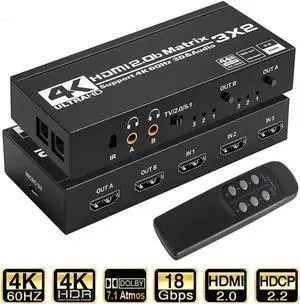 Vszerda 3x2 HDMI Matrix Switch 4K@60Hz HDR10, HDMI 2.0 Video Switcher with Dual SPDIF & Dual 3.5mm L/R Audio Extractor, HDCP 2.2 EDID IR Remote Control Model OZJ5 Vszerda 3x2 HDMI Matrix Switch 4K@60Hz HDR10, HDMI 2.0 Video Switcher with Dual SPDIF & Dual 3.5mm L/R Audio Extractor, HDCP 2.2 EDID IR Remote Control Model OZJ5