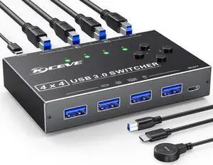 Vszerda 4×4 USB 3.0 Switch, 4-In-4-Out for 4 PCs Sharing 4 USB Peripherals, Wired Remote & 4 USB-B Cables Included Vszerda 4×4 USB 3.0 Switch, 4-In-4-Out for 4 PCs Sharing 4 USB Peripherals, Wired Remote & 4 USB-B Cables Included