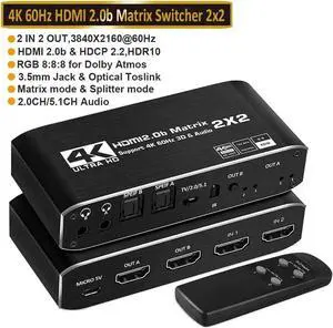 2 in 2 Out 4K@60Hz HDMI 2.0 Matrix Switch with Downscaler & Dual Audio Extractor, 2X2 HDMI Matrix Support HDR10, HDR10+, RGB 4:4:4 HDCP2.2, 2×SPDIF Optical + 2×3.5mm L/R Audio, Dolby Atmos, IR Remote 2 in 2 Out 4K@60Hz HDMI 2.0 Matrix Switch with Downscaler & Dual Audio Extractor, 2X2 HDMI Matrix Support HDR10, HDR10+, RGB 4:4:4 HDCP2.2, 2×SPDIF Optical + 2×3.5mm L/R Audio, Dolby Atmos, IR Remote