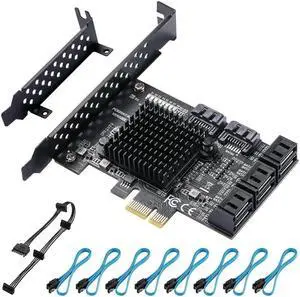 Vszerda PCIe 3.0 X1 SATA Expansion Card 8 Ports 6Gbps, ASM1064+JMB575 Chipset with 8 SATA Cables, Power Splitter & Low Profile Bracket Vszerda PCIe 3.0 X1 SATA Expansion Card 8 Ports 6Gbps, ASM1064+JMB575 Chipset with 8 SATA Cables, Power Splitter & Low Profile Bracket