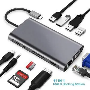 11-in-1 USB C Multiport Hub Adapter with Gigabit Ethernet, 100W PD Charging, 4K HDMI, VGA, SD/TF Card Reader, 4×USB3.0 & 3.5mm Audio Mic Jack, Compatible with MacBook, Chromebook & All USB-C Laptops 11-in-1 USB C Multiport Hub Adapter with Gigabit Ethernet, 100W PD Charging, 4K HDMI, VGA, SD/TF Card Reader, 4×USB3.0 & 3.5mm Audio Mic Jack, Compatible with MacBook, Chromebook & All USB-C Laptops