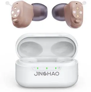 Jinghao DIgital Personal Sound Amplifier Product CIC for Ears for Seniors Adults with Rechargeable Charging Box White