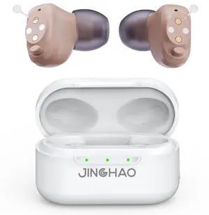 Jinghao DIgital Personal Sound Amplifier Product CIC for Ears for Seniors Adults with Rechargeable Charging Box White