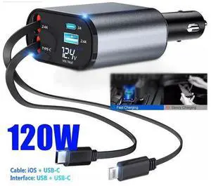 4 in 1 Retractable Car Charger Fast Car Phone Charger 120W With USB Type C Cable