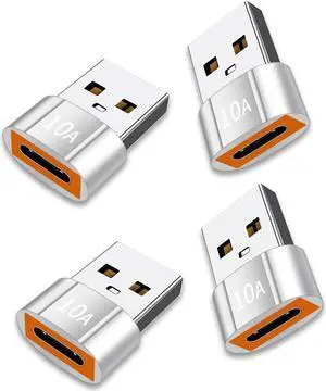 4-Pack USB C to USB Adapter (Type C Female to USB-A Male) - 10A Fast Charge & Data Sync, PD Compatible for iPhone 15/14, MacBook, Samsung, iPad, Laptop, Computer - Silver