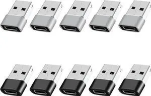10-Pack USB to USB C Adapter Set (Black+Grey), USB A to Type C Converter, High-Speed Data Sync & Charging Compatible with iPhone 15/14/13, iPad, AirPods, Samsung, MacBook, Laptop, Car Play