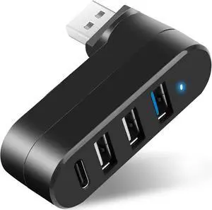 JVFYI 4-Port USB 3.0 Hub [90°/180° Degree Rotatable], USB Splitter with PD-in 5W USB C Port, USB Extender for Laptop, Car, iMac, MacBook Air, MacBook Pro, and More