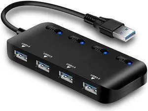USB 3.0 Hub Splitter - USB Extender 4 Port USB Ultra Slim Data Hub with Individual Power Switch and LED