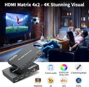 4x2 HDMI Matrix, HDR 4K@60Hz 4 in 2 Out HDMI Switch Splitter with IR Remote, HDMI Matrix Switch + Optical Toslink + 3.5mm L/R Audio Output, Support UHD HDMI2.0, HDCP2.2, 18Gbps, EDID, Audio Extract 4x2 HDMI Matrix, HDR 4K@60Hz 4 in 2 Out HDMI Switch Splitter with IR Remote, HDMI Matrix Switch + Optical Toslink + 3.5mm L/R Audio Output, Support UHD HDMI2.0, HDCP2.2, 18Gbps, EDID, Audio Extract