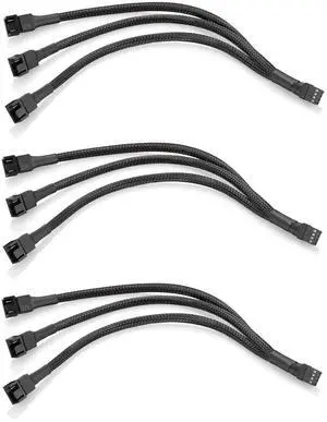 10 Inch 3 Pack 3-Way 4 Pin PWM Fan Splitter Cable, Black Extension Cord for 3/4 Pin PC Cooling Fans 10 Inch 3 Pack 3-Way 4 Pin PWM Fan Splitter Cable, Black Extension Cord for 3/4 Pin PC Cooling Fans