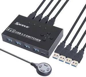 4×4 USB 3.0 Sharing Switch, 4 PCs Share 4 Peripherals, 4 USB 3.0 Cables Included 4×4 USB 3.0 Sharing Switch, 4 PCs Share 4 Peripherals, 4 USB 3.0 Cables Included