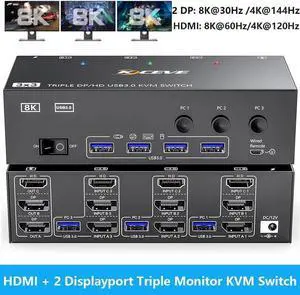 3-In-3-Out Triple Monitor KVM Switch 8K@60Hz (HDMI+2DP), 4 USB 3.0 Ports for 3 PCs Share 3 Displays, Wired Remote, USB Cable & Power Adapter Included 3-In-3-Out Triple Monitor KVM Switch 8K@60Hz (HDMI+2DP), 4 USB 3.0 Ports for 3 PCs Share 3 Displays, Wired Remote, USB Cable & Power Adapter Included