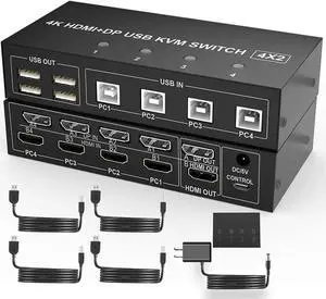 4 Port Dual Monitor HDMI+DP Hybrid KVM Switch, 4K@60Hz UHD, Built-in 4-Port USB 2.0 Hub for 4 PCs Share 2 Displays & Keyboard Mouse Peripherals 4 Port Dual Monitor HDMI+DP Hybrid KVM Switch, 4K@60Hz UHD, Built-in 4-Port USB 2.0 Hub for 4 PCs Share 2 Displays & Keyboard Mouse Peripherals