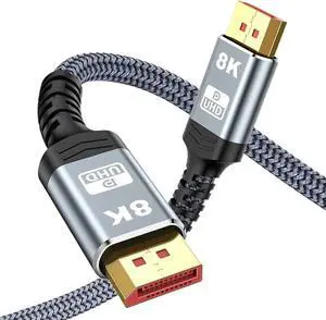 6.6FT 8K DP 1.4 Cable Grey Nylon Braided Aluminum Alloy DisplayPort Cord Supports 8K@60Hz 4K@144Hz High Refresh Rate Compatible Gaming Monitor Laptop PC HDTV 6.6FT 8K DP 1.4 Cable Grey Nylon Braided Aluminum Alloy DisplayPort Cord Supports 8K@60Hz 4K@144Hz High Refresh Rate Compatible Gaming Monitor Laptop PC HDTV