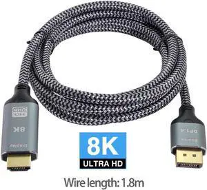 1.8M/6FT DP 1.4 Male to HDMI 2.0 Male Cable, Uni-Directional DisplayPort to HDMI Cord Supports 8K UHD 4K Video Audio for HDTV Monitor PC Laptop Graphics Card 1.8M/6FT DP 1.4 Male to HDMI 2.0 Male Cable, Uni-Directional DisplayPort to HDMI Cord Supports 8K UHD 4K Video Audio for HDTV Monitor PC Laptop Graphics Card