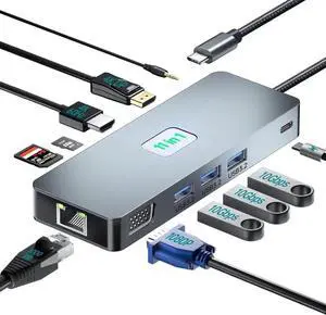 11 in 1 USB C Docking Station Multiport Adapter, 10Gbps USB3.2 Gen2, 4K60Hz HDMI, DP, 1080P VGA, 1000Mbps LAN, 100W PD, SD/TF Card Reader for Laptops Surface Phones Tablets 11 in 1 USB C Docking Station Multiport Adapter, 10Gbps USB3.2 Gen2, 4K60Hz HDMI, DP, 1080P VGA, 1000Mbps LAN, 100W PD, SD/TF Card Reader for Laptops Surface Phones Tablets