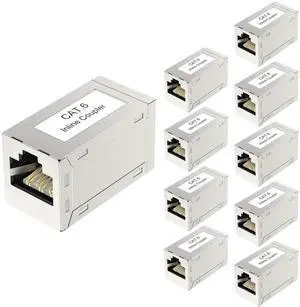 10 Pack Silver Shielded RJ45 Cat6 Coupler, Female to Female Inline PoE Ethernet Extender Connector Compatible with Cat5/Cat5e/Cat6 Network Cables 10 Pack Silver Shielded RJ45 Cat6 Coupler, Female to Female Inline PoE Ethernet Extender Connector Compatible with Cat5/Cat5e/Cat6 Network Cables