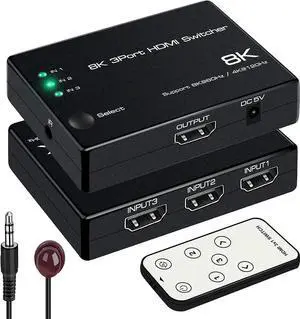 3 in 1 Out HDMI 2.1 Switch, 3-Port 8K@60Hz 4K@120Hz HDMI Selector Box with IR Remote & Auto Switching, 48Gbps Bandwidth, Supports HDCP2.3 HDR10+ 1080P@240Hz, Compatible with Xbox Series X/S, PS5, PS4, 3 in 1 Out HDMI 2.1 Switch, 3-Port 8K@60Hz 4K@120Hz HDMI Selector Box with IR Remote & Auto Switching, 48Gbps Bandwidth, Supports HDCP2.3 HDR10+ 1080P@240Hz, Compatible with Xbox Series X/S, PS5, PS4,