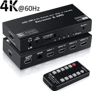 4 Port HDMI 2.0b Switch 4K@60Hz Audio Extractor, 4 in 1 Out HDMI Splitter with Optical SPDIF & 3.5mm AUX Out, Remote Control, ARC, HDR, Dolby Vision, HDCP 2.2, 18Gbps Bandwidth 4 Port HDMI 2.0b Switch 4K@60Hz Audio Extractor, 4 in 1 Out HDMI Splitter with Optical SPDIF & 3.5mm AUX Out, Remote Control, ARC, HDR, Dolby Vision, HDCP 2.2, 18Gbps Bandwidth