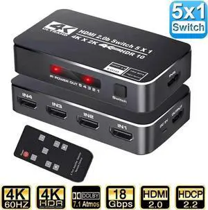 5 in 1 Out HDMI Switch 4K@60Hz with Remote Control, 5 Port HDMI Switcher Selector Support HDR10, HDCP 2.2, 3D, Dolby DTS, Compatible with Fire Stick, HDTV, PS4, Game Consoles OZQ3-3 5 in 1 Out HDMI Switch 4K@60Hz with Remote Control, 5 Port HDMI Switcher Selector Support HDR10, HDCP 2.2, 3D, Dolby DTS, Compatible with Fire Stick, HDTV, PS4, Game Consoles OZQ3-3