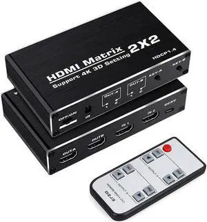 2x2 HDMI Matrix Switch 2 in 2 Out with IR Remote Control, HDMI 2.0b 4K@60Hz Matrix Splitter Supports HDR, HDCP1.4, 3D, 1080P, YUV 4:2:0, Model OZJ3 2x2 HDMI Matrix Switch 2 in 2 Out with IR Remote Control, HDMI 2.0b 4K@60Hz Matrix Splitter Supports HDR, HDCP1.4, 3D, 1080P, YUV 4:2:0, Model OZJ3