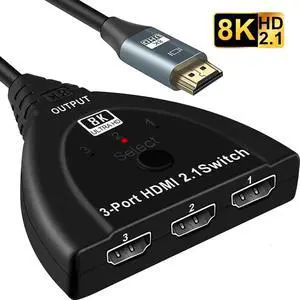 3 in 1 Out 8K HDMI Switcher with Built-In Pigtail Cable, 3-Port HDMI 2.1 Hub Supports 8K@60Hz, HDR, 3D, HDCP2.3, Compatible with PS5/PS4/Xbox/Fire Stick/Roku/Apple TV/PC 3 in 1 Out 8K HDMI Switcher with Built-In Pigtail Cable, 3-Port HDMI 2.1 Hub Supports 8K@60Hz, HDR, 3D, HDCP2.3, Compatible with PS5/PS4/Xbox/Fire Stick/Roku/Apple TV/PC