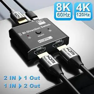 Bi-Directional HDMI 2.1 Switch 2 in 1 Out / 1 in 2 Out with Aluminum Housing, Supports 8K@60Hz & HDCP 2.3, HDMI Switcher Splitter Compatible with PS5/PS4, Xbox, Roku, Fire Stick Bi-Directional HDMI 2.1 Switch 2 in 1 Out / 1 in 2 Out with Aluminum Housing, Supports 8K@60Hz & HDCP 2.3, HDMI Switcher Splitter Compatible with PS5/PS4, Xbox, Roku, Fire Stick